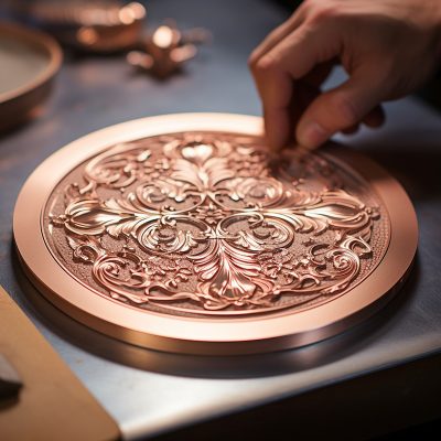 Craftsperson carving intricate designs on copper plate.