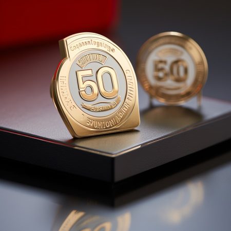 Gold commemorative 50th anniversary coins on display.