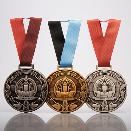 Three detailed ornamental achievement medals with ribbons.