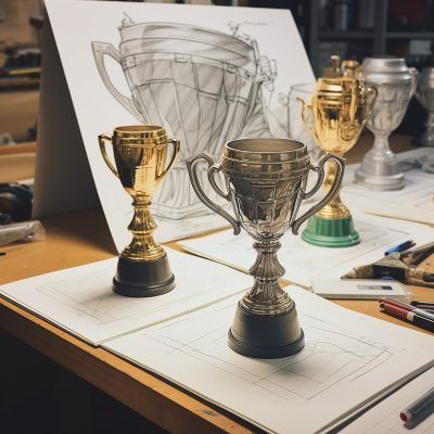 Designer drafting detailed trophy sketches in studio.