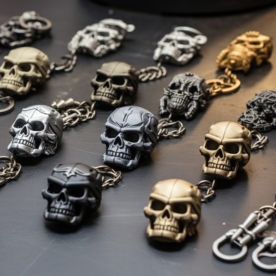 Variety of skull-shaped metal keychains on dark surface.