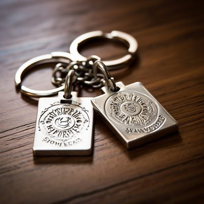 Vintage metal keychains with intricate designs on wooden surface.