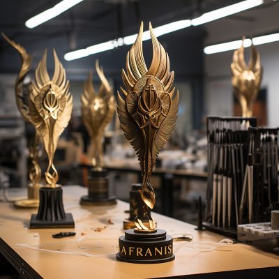 Elegant golden winged trophies on workshop table.