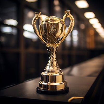 Golden trophy on display in a dimly-lit room.