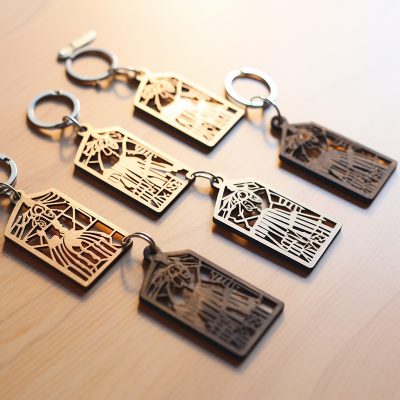 Laser-cut metal keychains with intricate geometric designs.