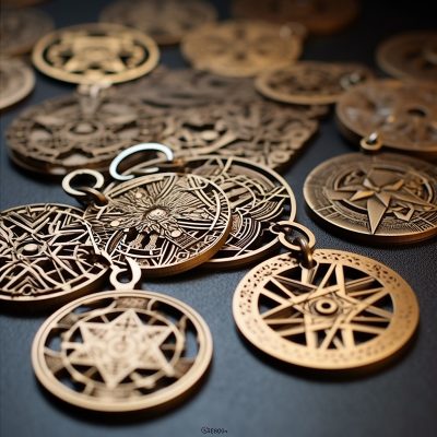 Collection of intricate bronze medallion designs.