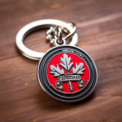 Canadian keychain with maple leaf design on wooden surface