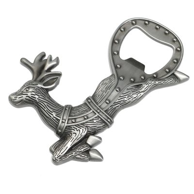 Metal deer-shaped bottle opener, silver finish, detailed design.