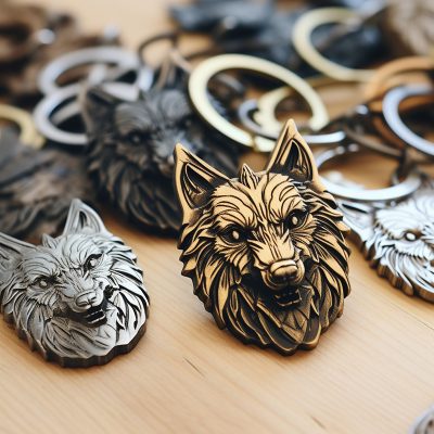 Assorted wolf-themed metal keychains on a wooden surface.