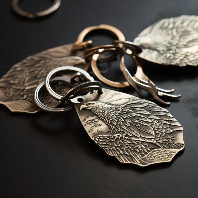 Detailed eagle-engraved metal keychains on dark background.