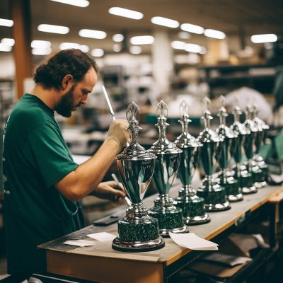 Man assembling trophies in workshop.