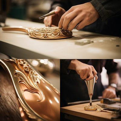 Artisan crafting ornate details on musical instrument parts.