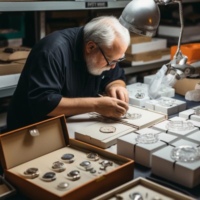 Senior craftsman inspecting jewelry in workshop.