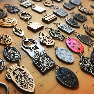 Assorted decorative metal keychains on wooden table.