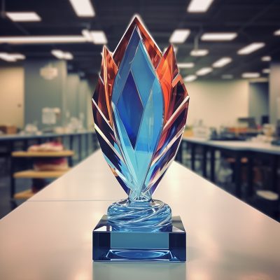 Colorful crystal trophy on office table.