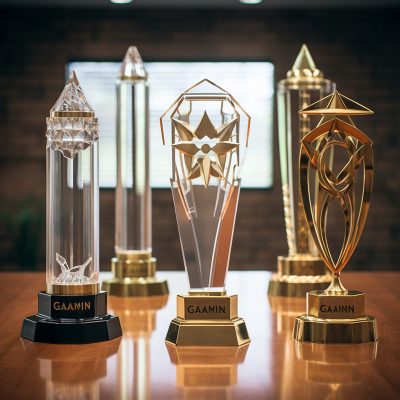 Collection of elegant, diverse award trophies on display.